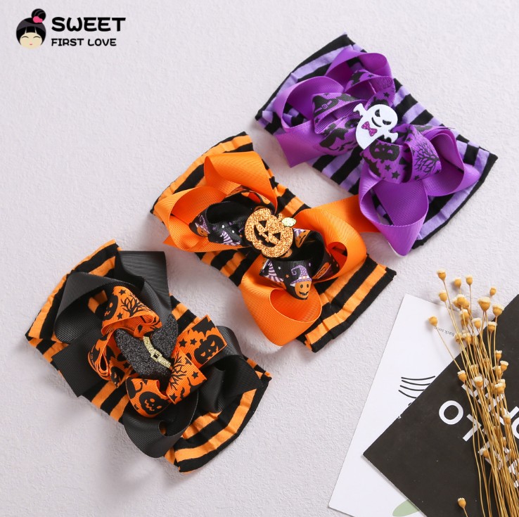 

baby girls bowknot holiday Hair Accessories cute kids head ornament bows children stripe polka dot nylon Halloween pumpkin headband D001, Mix colors random