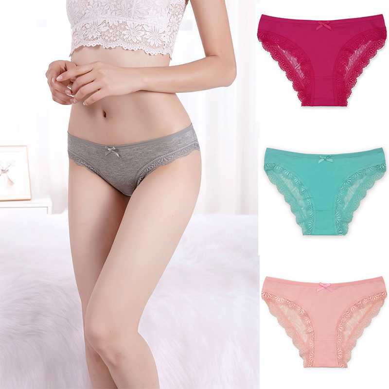 

Women's Panties Sexy Women Underwear High Quality Lace Cotton Solid Mid-Rise Female Lingerie 3PCS/Lot, Blue.black.gray