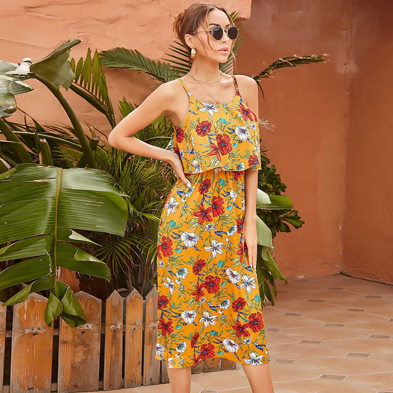 

Square Collar Sleeveless Spaghetti Strap Print Floral Dress Patchwork Office Lady Casual Camisole Knee-length Long 210604, Yellow