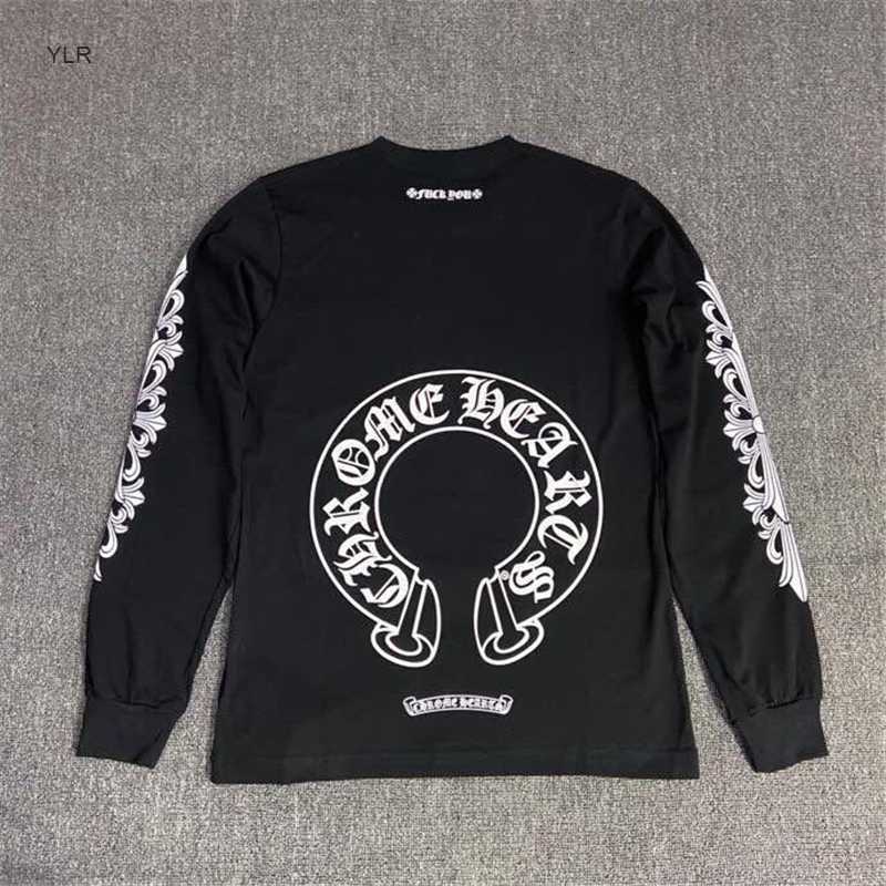 

New fashion brand men's and women's crosin long sleeve T-shirt personalized horseshoe print loose floral arm base shirt long T-shirt, Black