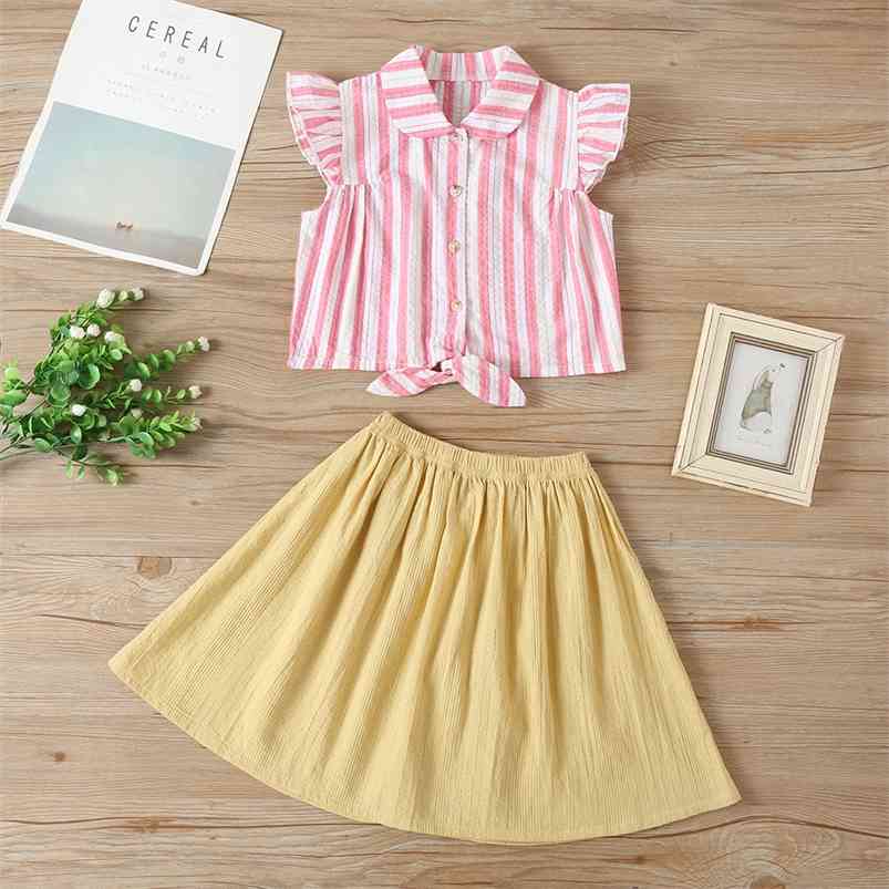

Summer Children Sets Casual Sleeveless Single Breasted Striped Tops Solid Skirt 2Pcs Girl Clothes 18M-6T 210629, Pink