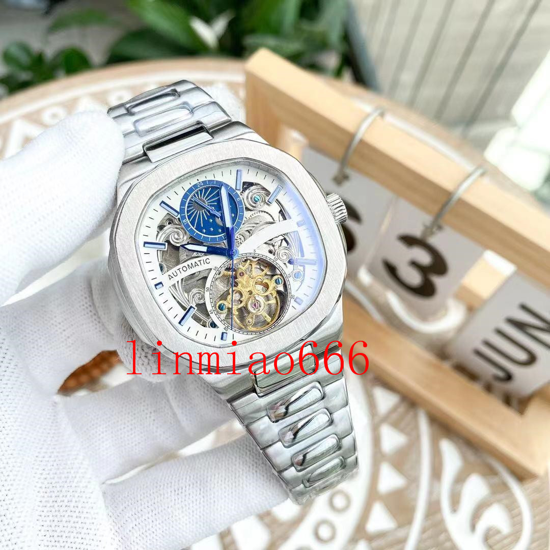 

boutique men's 40mm watch multi-function hollow automatic mechanical stainless steel case strap montre de luxe wristwatch, Slivery;brown