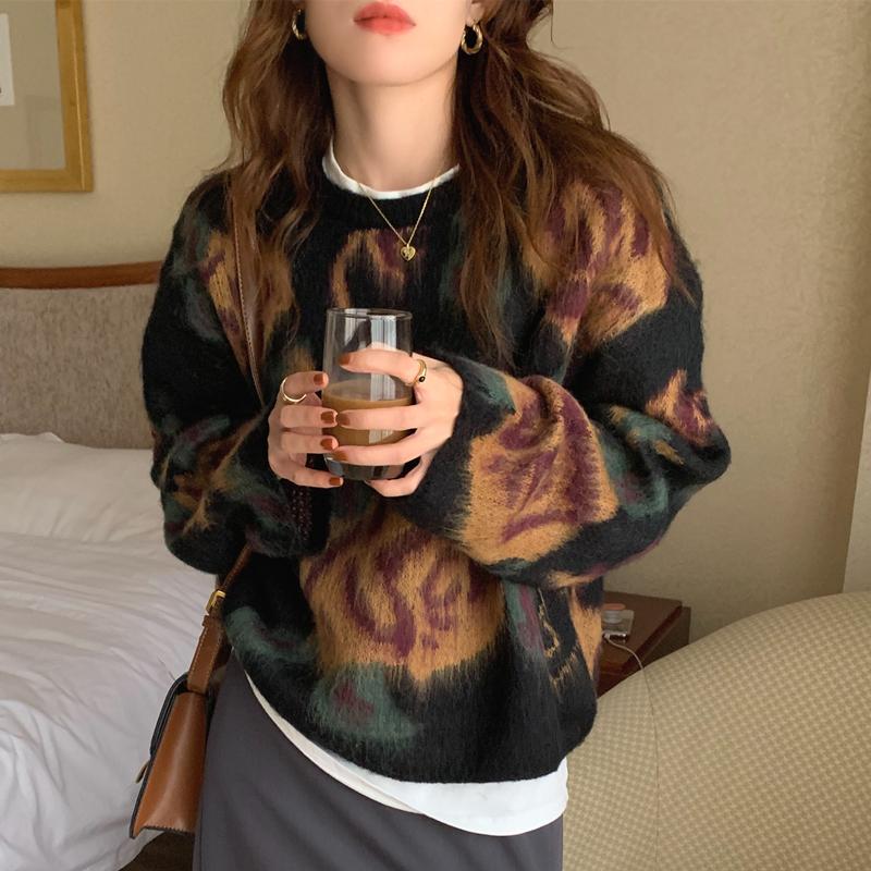 

Women's Sweaters Retro Mohair Sweater Women 2021 Autumn And Winter Chic Loose Casual Long-sleeved Knitted, White;black