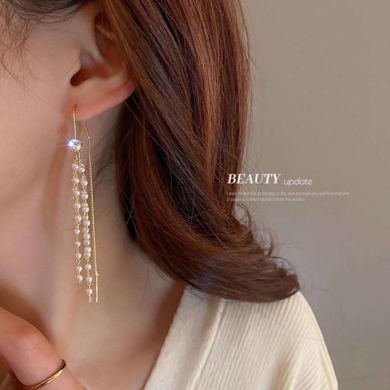

Hoop & Huggie Long Tassel Baroque Freshwater Pearl Drop Earrrings For Women Vintage Hyperbole Earrings 2021 Trend Party Jewelry