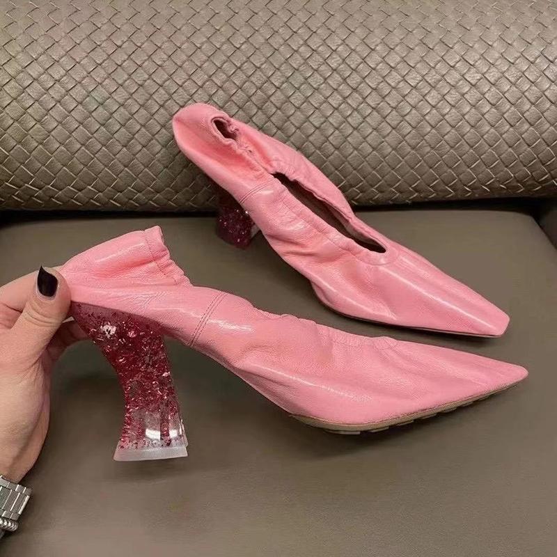 

Stylish Women's Small Square Toe Med Heels Pumps Slip On Soft Leather Pink Shoes C19