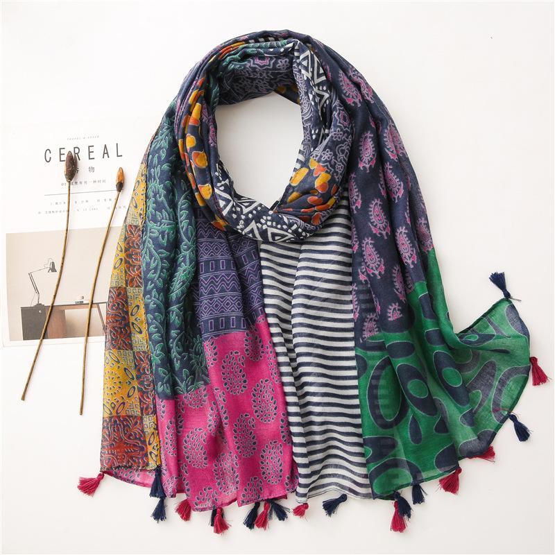 

Scarves 2021 Women Cotton Print National Scarf Tassel Shawl Hijab Wraps Bohemina Femme Foulard Travel Beach Bandana 180*90cm, Blue;gray