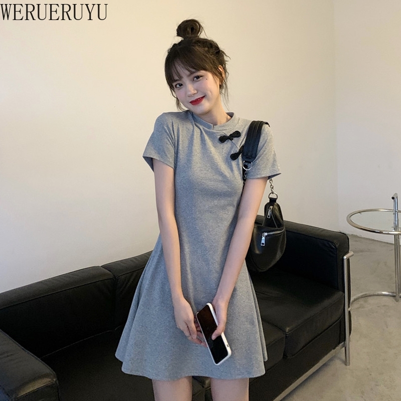 

WERUERUYU Dress For Women Festival Clothing Gothic Sexy Mini Cheongsams Party Fashion Solid Color Qipao 210608, Photo color