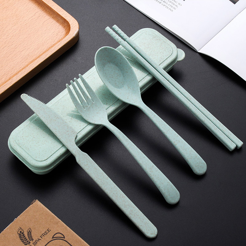 

3pcs/set Travel Cutlerys Portable Cutlery Box Wheat Straw Fork Spoon Student Dinnerware Sets Kitchen Tableware