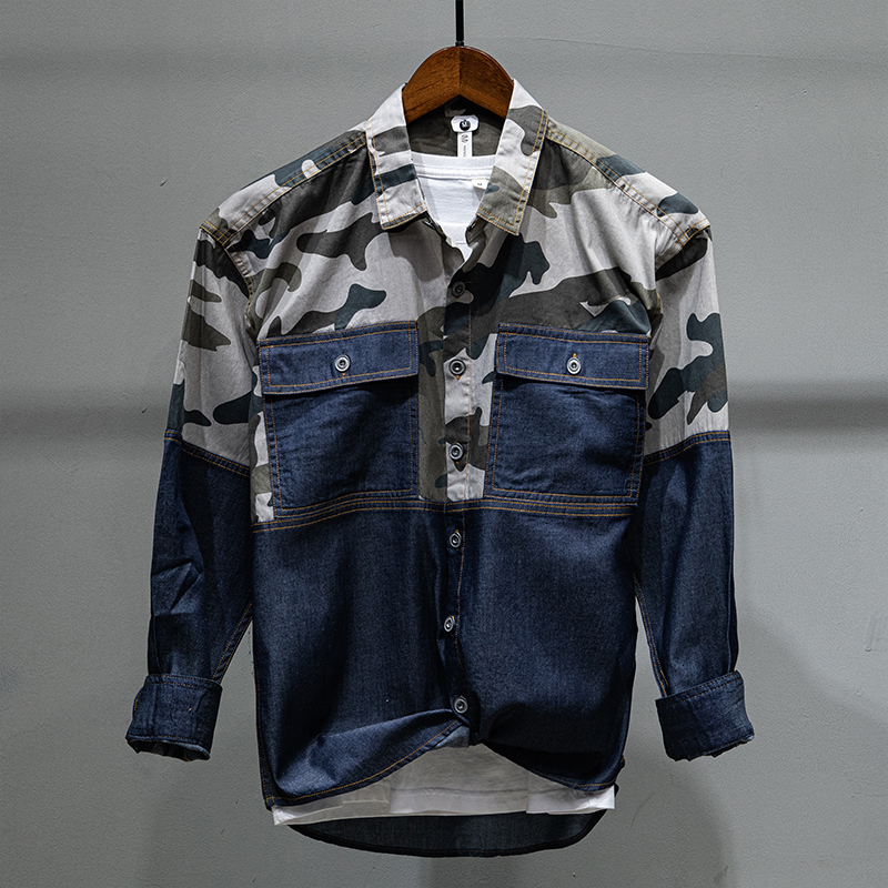 

2021 New Camouflage Patchwork 100% Cotton Denim Shirts Casual Fashion Comfortable Shirt for Men Tops Mens Clothing Camisa Chemise Eoz1, Army green