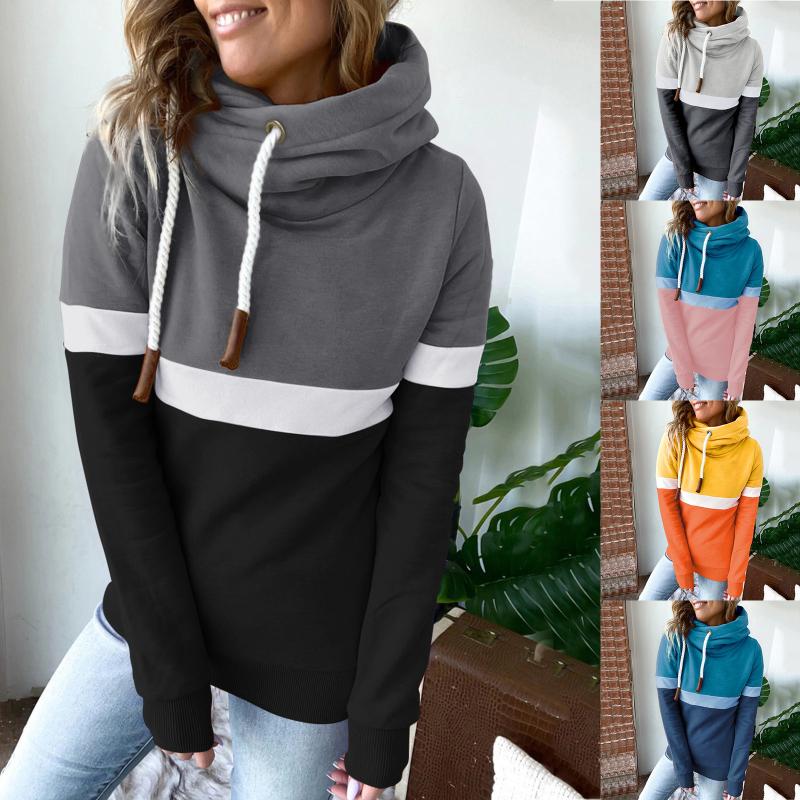 

Women's Hoodies & Sweatshirts Color Matching Autumn Winter Drawstring Long Sleeve Casual Pullover Fall Female Pocket Loose Hooded, Black