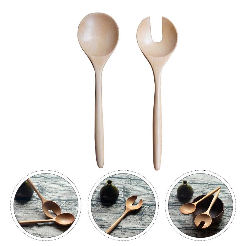 

Spoons 1 Set 2pcs Salad Spoon Round Wood And Fork Servers Color #h5