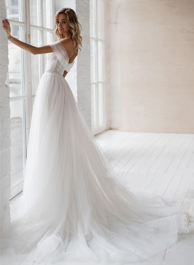 

2021 New Sheer Off Shoulder Lace Wedding Es Women Beaded Sash Bridal Gowns Formal Long Beach Spring Boho Vestido De Mariage 3gfo, White