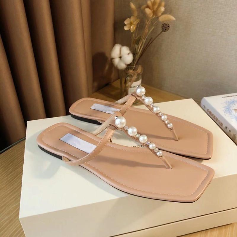 

Slippers Pearl Decor Flip Flops Women Genuine Leather Slides Flats Summer Beach Shoes Leisure Designer Woman Shoe, Black