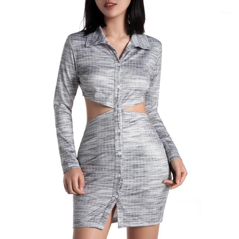 

Casual Dresses Autumn Ruched Long Sleeve Bodycon Dress Women Turn-Down Collar Sexy Mini Female Button-down Slim Party Vestidos, Gray