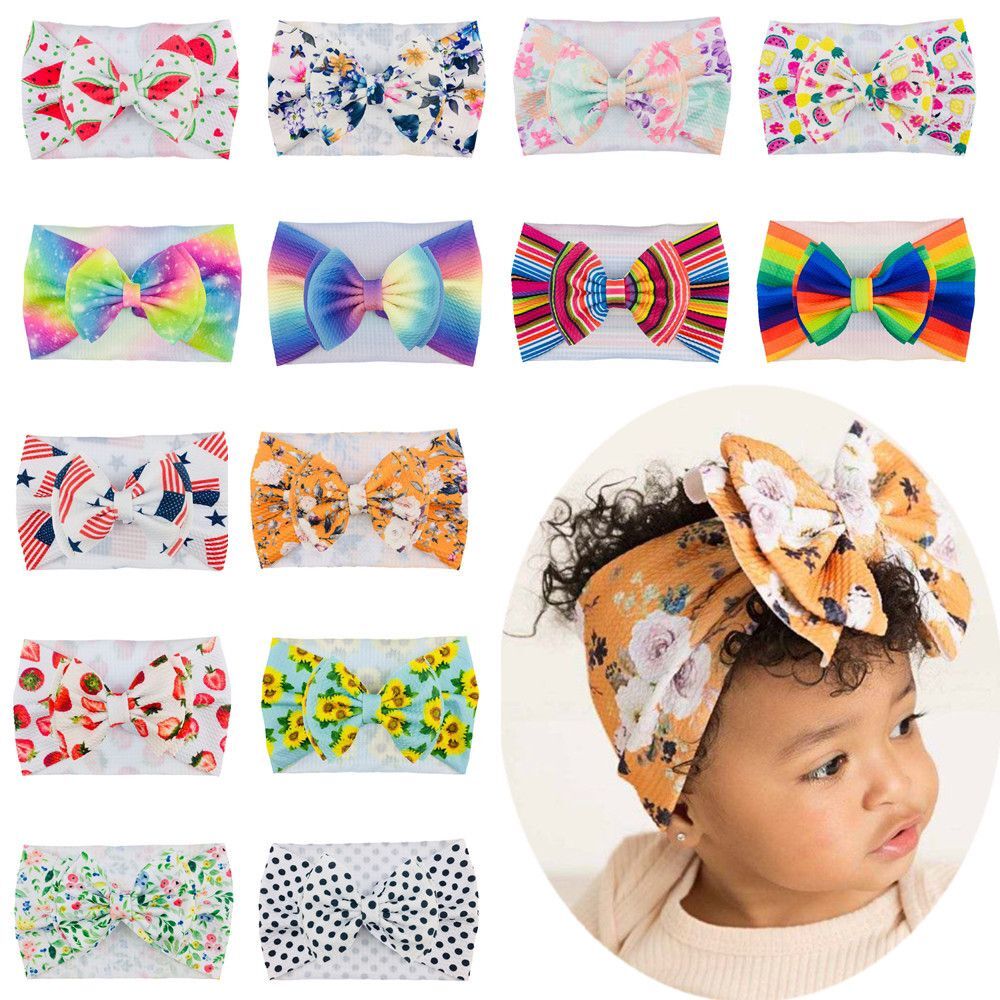 

27pc/lot 5inch Floral Prints Hair Bow Headband Double Layer Waffle Fabric Bows Baby Turban For Girls Children Kids Head Wraps, Multi-color
