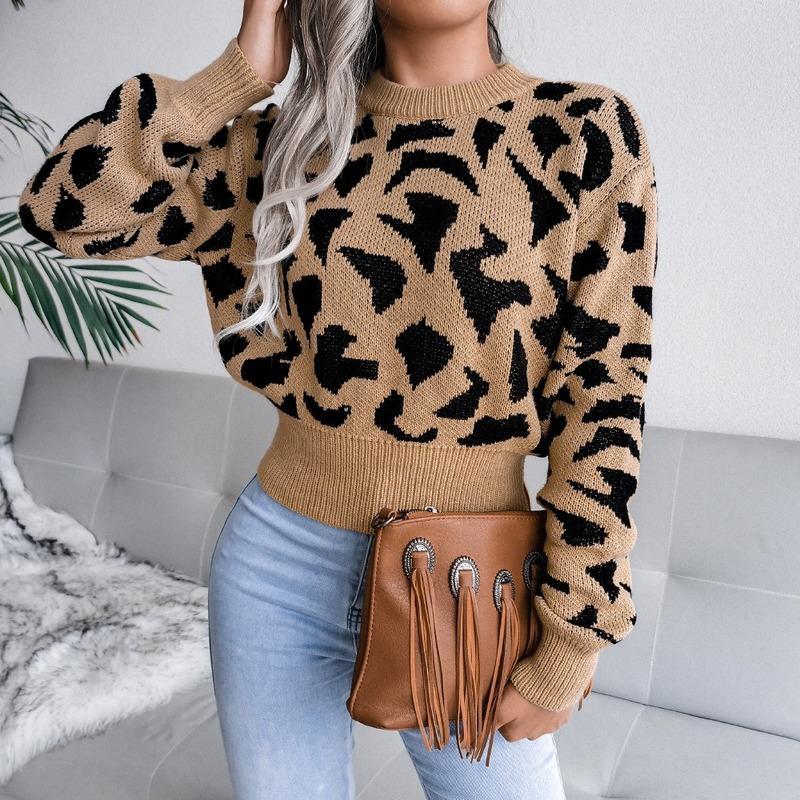 

Women's Sweaters 2022 Autumn And Winter Casual Knit Sweater Women O-neck Loose Pullover Leopard Print Top Vintage Fashion Chic 18124, White;black