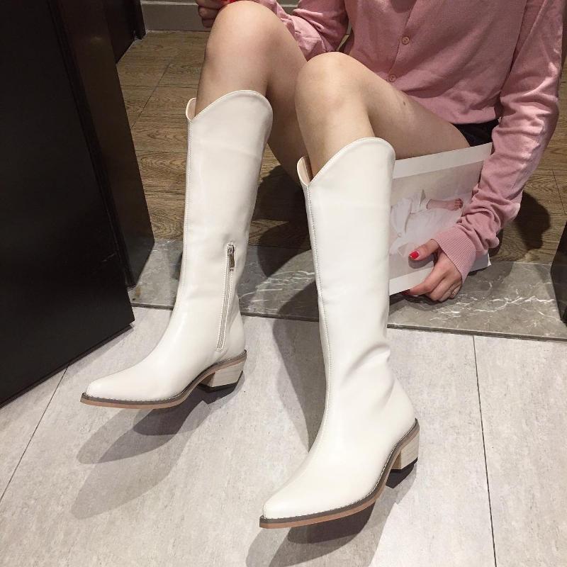 

heel sleeve high Boots women's new winter 2021 pointed thick autumn barrel Knight boots British jeans, White single lining