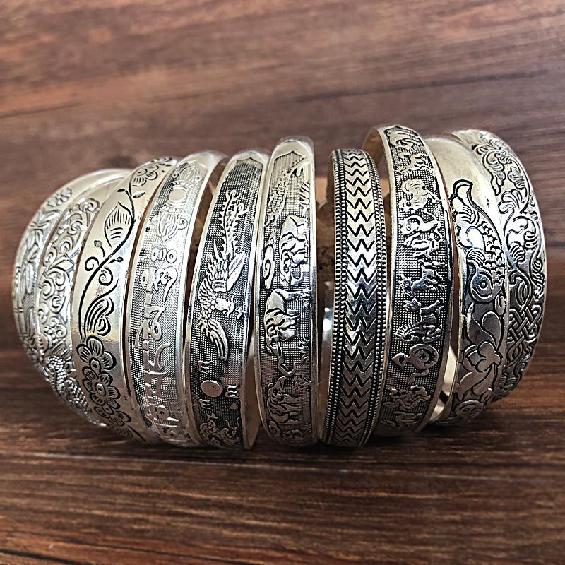 

Bangle Brazalete Retro De Plata Tibetana Para Mujer, Con Tallado Metal,flor, Joyería Gitana Vintage, Gifts For Women