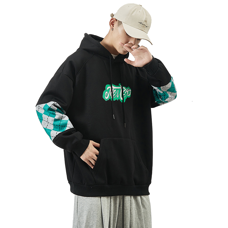 

2021 Green Patchwork Men Hoodies Autumn New Men's Hooded Sweatshirts Warm Man Korean Casual Pullovers Qqz2, White