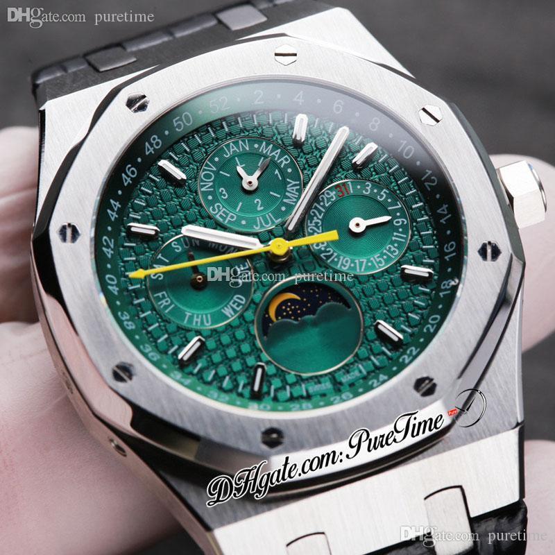 

TWF A5134 Automatic Mens Watch 41mm Complication Moon Phase Steel Case Green Textured Dial Stick Markers Black Leather Strap Super Edition Watches Puretime JHb02, Ss-blue