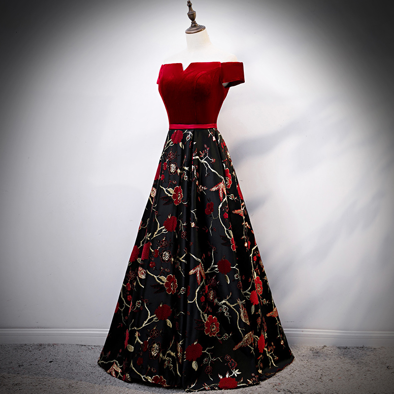 

Women Luxurious Fashion Red Wedding Bridesmaid Chineses Style Embroidery A-line Prom Dresses Gown Vestido V78m