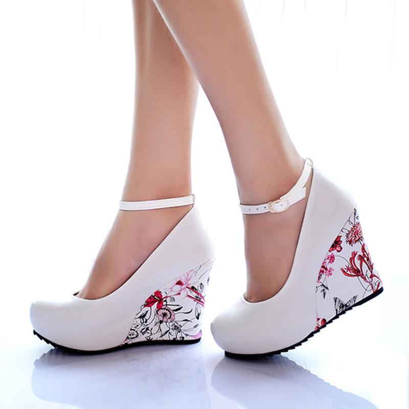 

Dress Shoes Sgesvier Large Sizes 34-43 Wedges High Heels Party Wedding Pumps Shoe Flower Print Platform Ankle-Strap Women Woman, Apricot