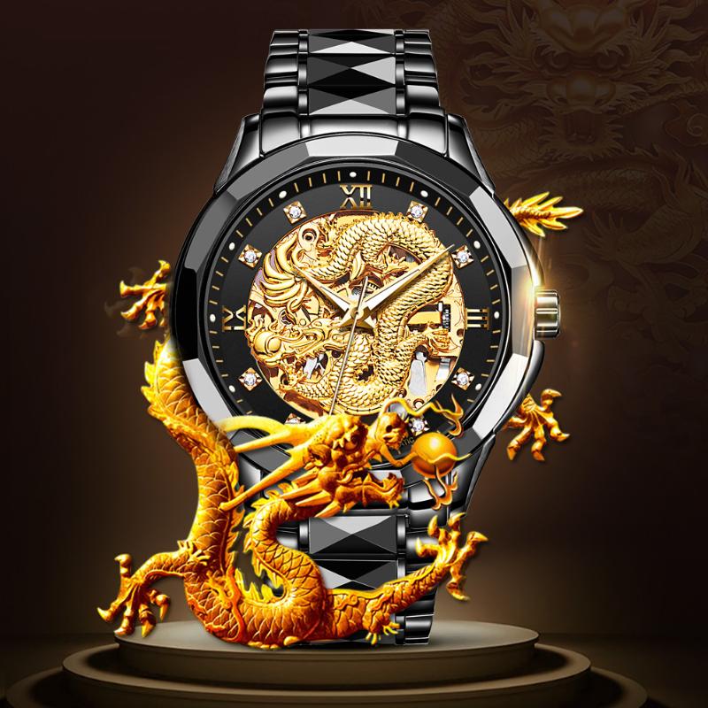 

Wristwatches JSDUN Top Brand Dragon Skeleton Automatic Mechanical Watch Stainless Steel Strap Admiralty Waterproof Men's 8840, Gold