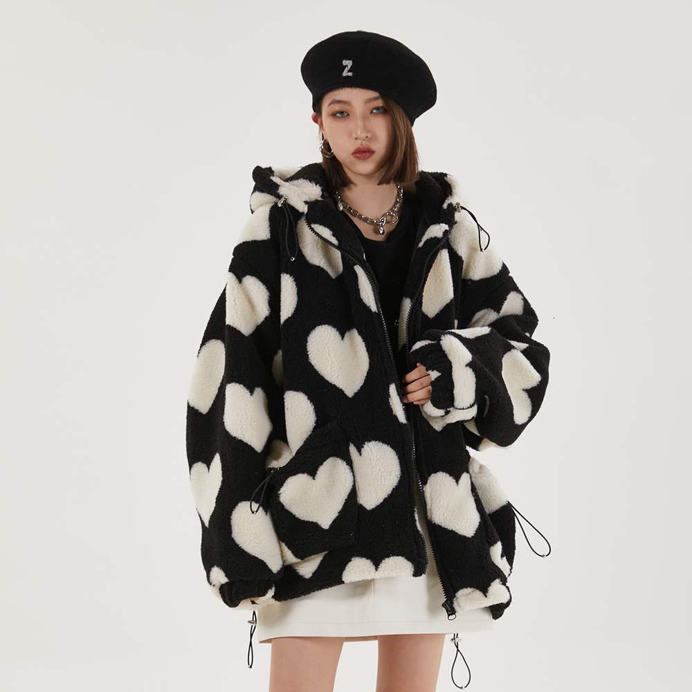 

2021 New Cute Heart-shaped Print Lambswool Winter Jacket Men Drawstring Pockets Zipper Hooded High Street Warm Couple Streetwear 2vjv, Black