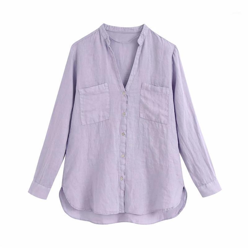 

Women's Blouses & Shirts 2021 Women Purple Summer Cotton Linen Female Casual Single Breasted Long Sleeve Pockets Solid Blouse Office Lady To