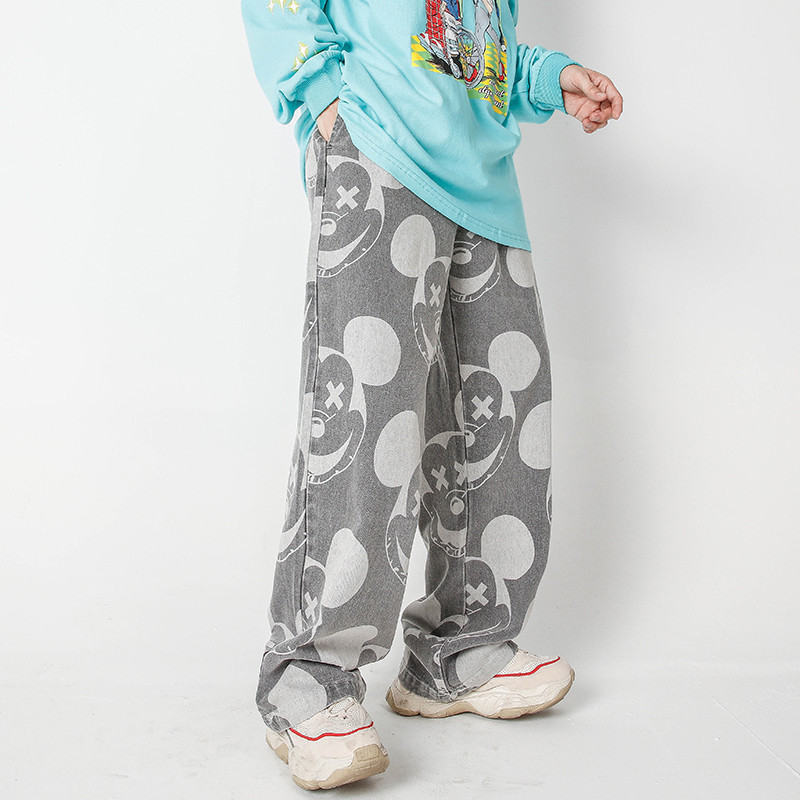 

Firmranch Spring/Fall Men/Women Cartoon Pattern Design Sense Casual Straight Jeans Hip Hop Street Wear Loose Long Trousers, Grey