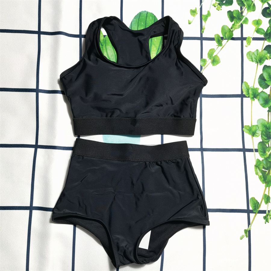 

Sexy Split B Swimsuit Solid Black Color Bikini Set Sports Swimwears High Waist Ladies Bathing Suit Summer Sling Swimming