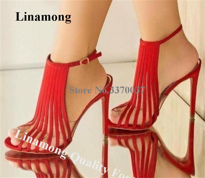 

Sandals Linamong Vertical Straps PVC Stiletto Heel Gladiator Red Black Suede Clear Transparent Caged High Dress, As picture
