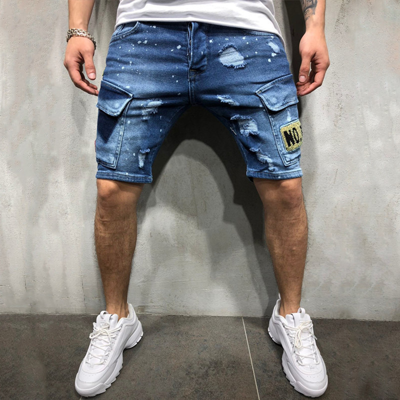 

Mens new arrival ripped embroidered denim shorts summer fashion jeans youth hip-hop pants Size S-3XL, Blue