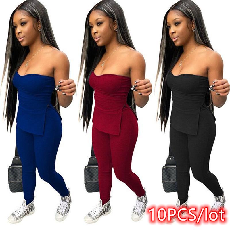 

Women' Two Piece Pants 10PCS Women Set Slash Neck Off Shoulder Bodycon Tracksuit Lounge Wear Sports Fitness Jogger Bulk Wholesale Lots, Black