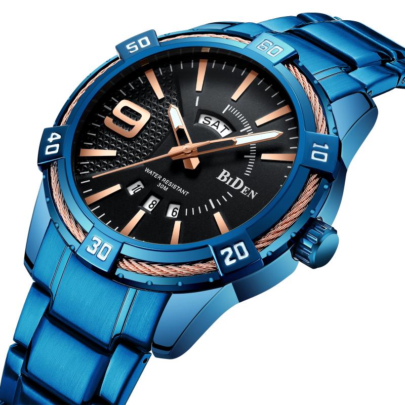 

Wristwatches BIDEN Male Watch Top Quartz Mens Wristwatch Stainless Steel Calendar Week Creative Blue Dial Business Orologio Uom, Bi0098-10
