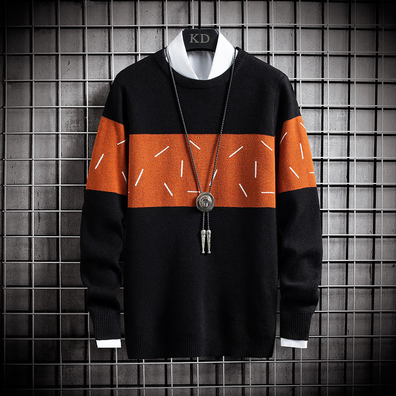 

sweater knit autumn and winter men's t shirt round neck pullover jacquard backing trend, White;black