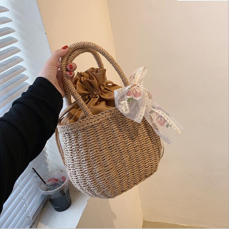 

Factory wholesale women shoulder bag sweet foreign Knitting handbag literary drawstring womens beach bags summer small fresh lace bow embroidery handbags