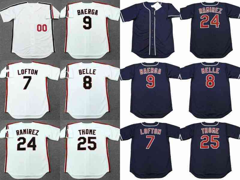 

men 7 KENNY LOFTON 8 ALBERT BELLE 9 CARLOS BAERGA 24 MANNY RAMIREZ 25 JIM THOME Baseball Jersey stitched