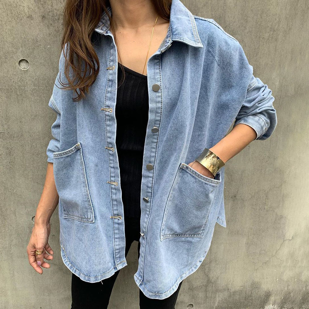 

2021 New Women's Denim Spring Jacket Autumn Thin Bf Style Fancy Pocket Long Sleeve Single Breasted Fashion Casual Top Girl Mveq, Blue.