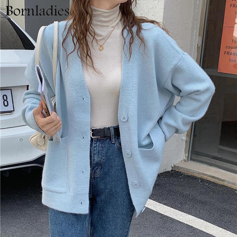 

Women's Sweaters Bornladies 2022 Casual V-neck Knitted Loose Cardigan Women Buttons Lantern Sleeve Female Basic Autumn Winter Tops Coats, White;black