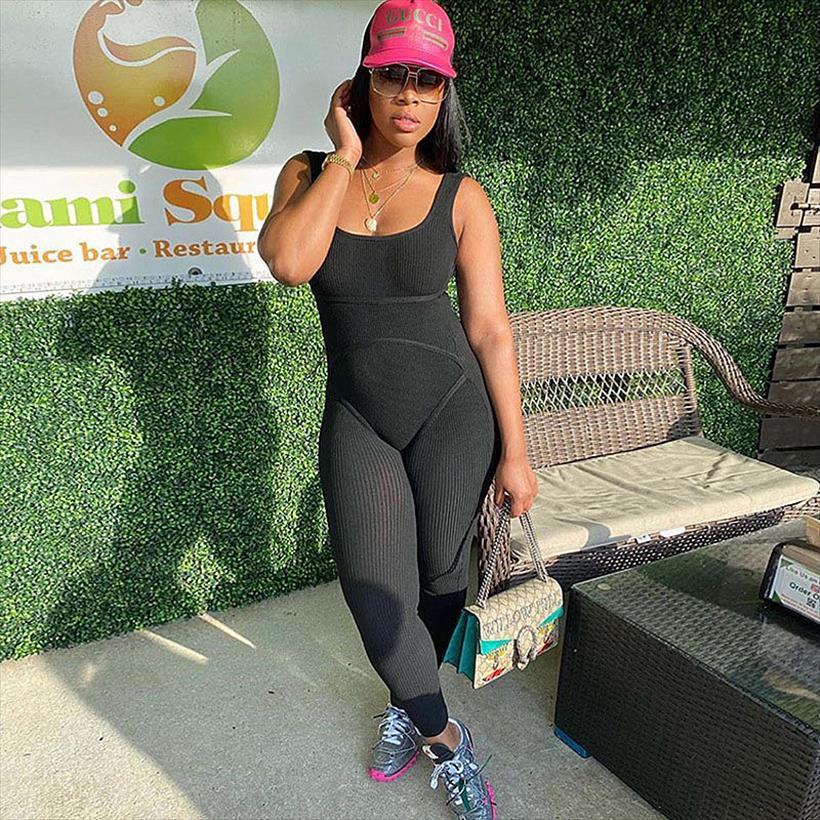 

casual sportwear knit rib women jumpsuits bodycon sleeveless backless fitness long pant rompers black grey skinny, Black;white