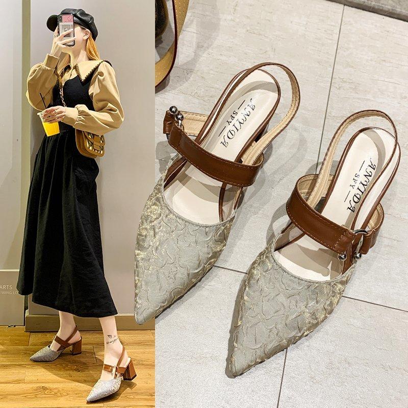 

2021 Spring New Women's Pumps Shoes Summer High Heel Pointed Toe Outside Casual Office Slides Sexy New Fashion Black, Beige