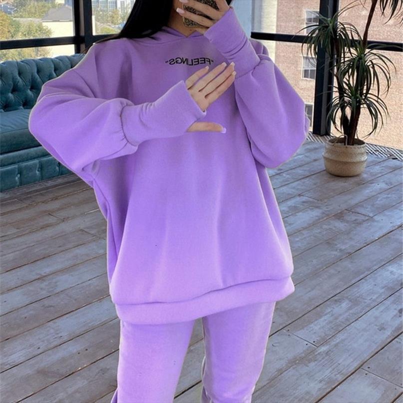 

two pieces set purple womenpant fleece tracksuits oversized hooded sweatshirt solid color hoodie suits autumn casual outfits, White