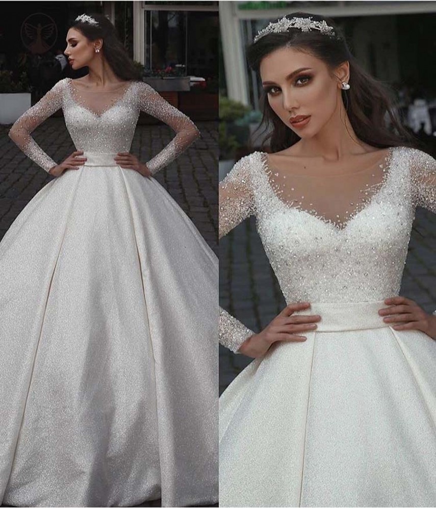 

New Modest Vestidos De Mariee Sheer o Neck Beaded Crystals Long Sleeve Wedding Es 2021 Bling Sequin Bridal Gowns Custom Made 6fd6, White