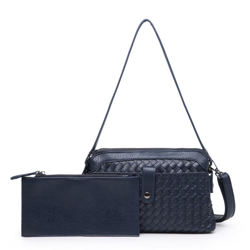 

Dark Blue Woven Leather Shoulder Bag Women Set Bags Quality Knitting Cross Body Shoulder Purse Bags with Clutch Wallet, Beige