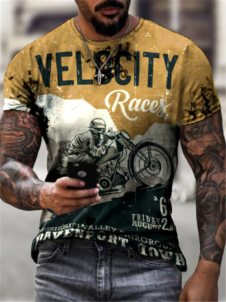 

Vintage car pattern 3D printed T-shirt visual impact party shirt punk gothic round neck high-quality American muscle style short sleeves, Yellow