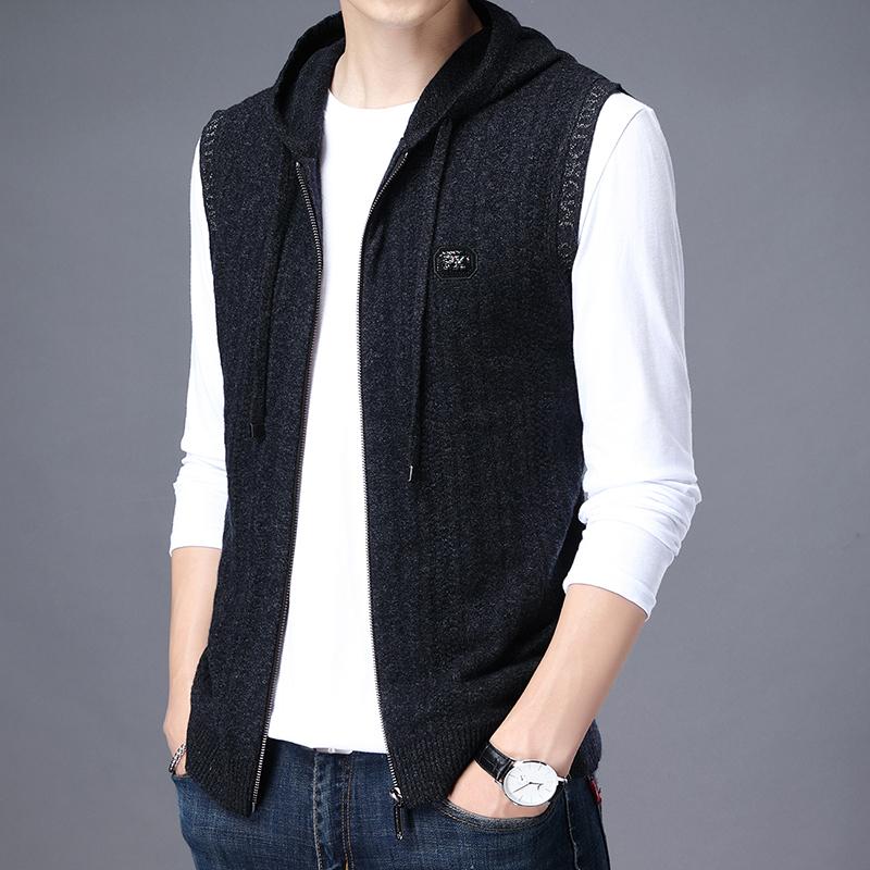 

Men's Sweaters Pure Wool Sweater Vest Autumn And Winter Hooded Sleeveless Knitted Cardigan Wearing Thickened Waistcoat, White;black