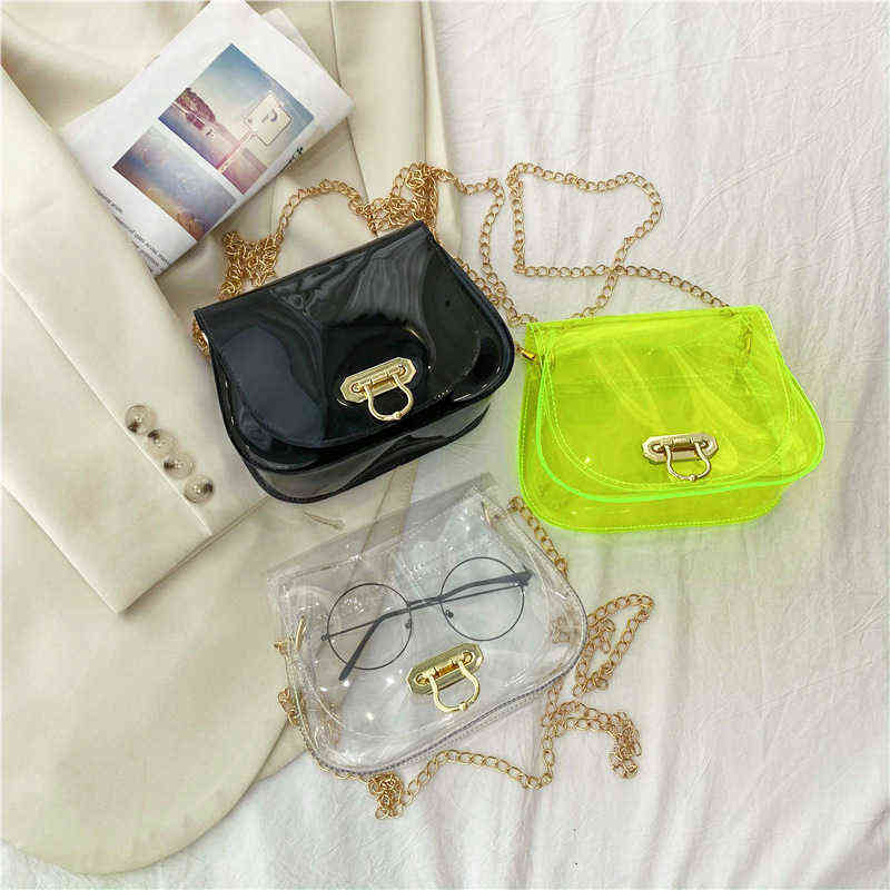 

Young Girls Fashion Neon Green Transparent Jelly Shoulder Messenger Bags Niche Design Women Spring Summer Korean Chain Clear Bag Y220304