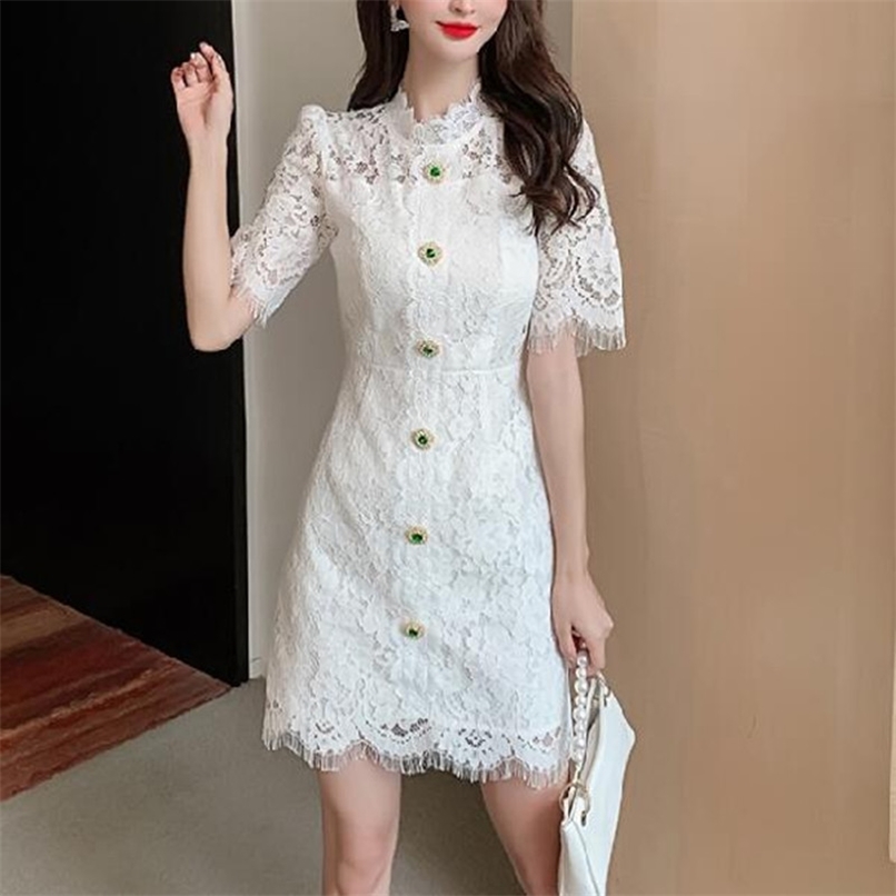 

Elegant White Lace Dress Women Summer Stand collar Chic Diamond Button Deco Slim Bodycon Pencil Party 210602