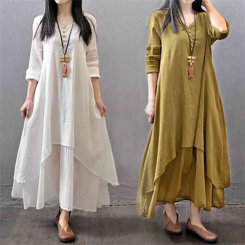 

Spring Summer Women Long Cotton Linen Dress White Plus Size False Two Pieces O-Neck Maxi Dresses Office Casual Loose Dress 210630, Short sleeve yellow
